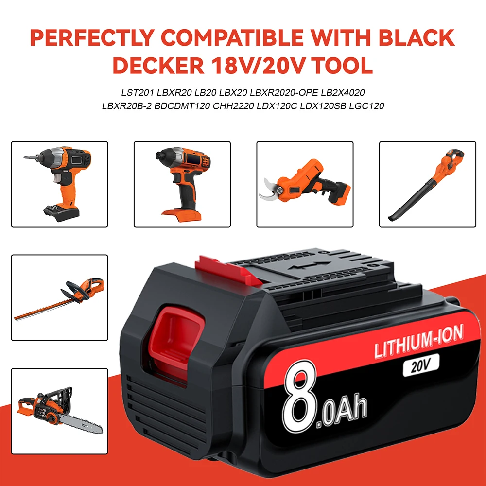 For Black Decker LBXR20 Lithium Battery 20V 8.0/3.0Ah LBXR20 LB20 LBX20 LBXR2020 LB2X4020-OPE Power Tools and Battery Charger