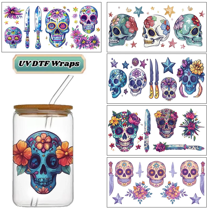 Colorful Sugar Skull UV DTF Wraps, Day of the Dead Floral Stickers for 16oz Glass Cans, Waterproof DIY Transfer Decals