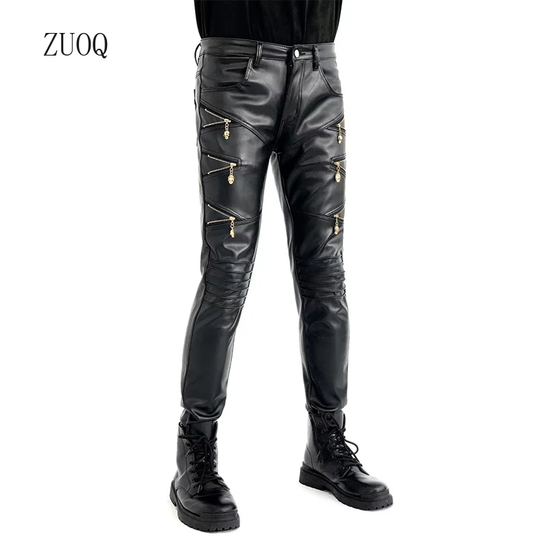 

2025 New Arrived Skinny Biker Leather Pants Mens New Faux Leather Biker Trousers for Male Trouser Stage Club Wear