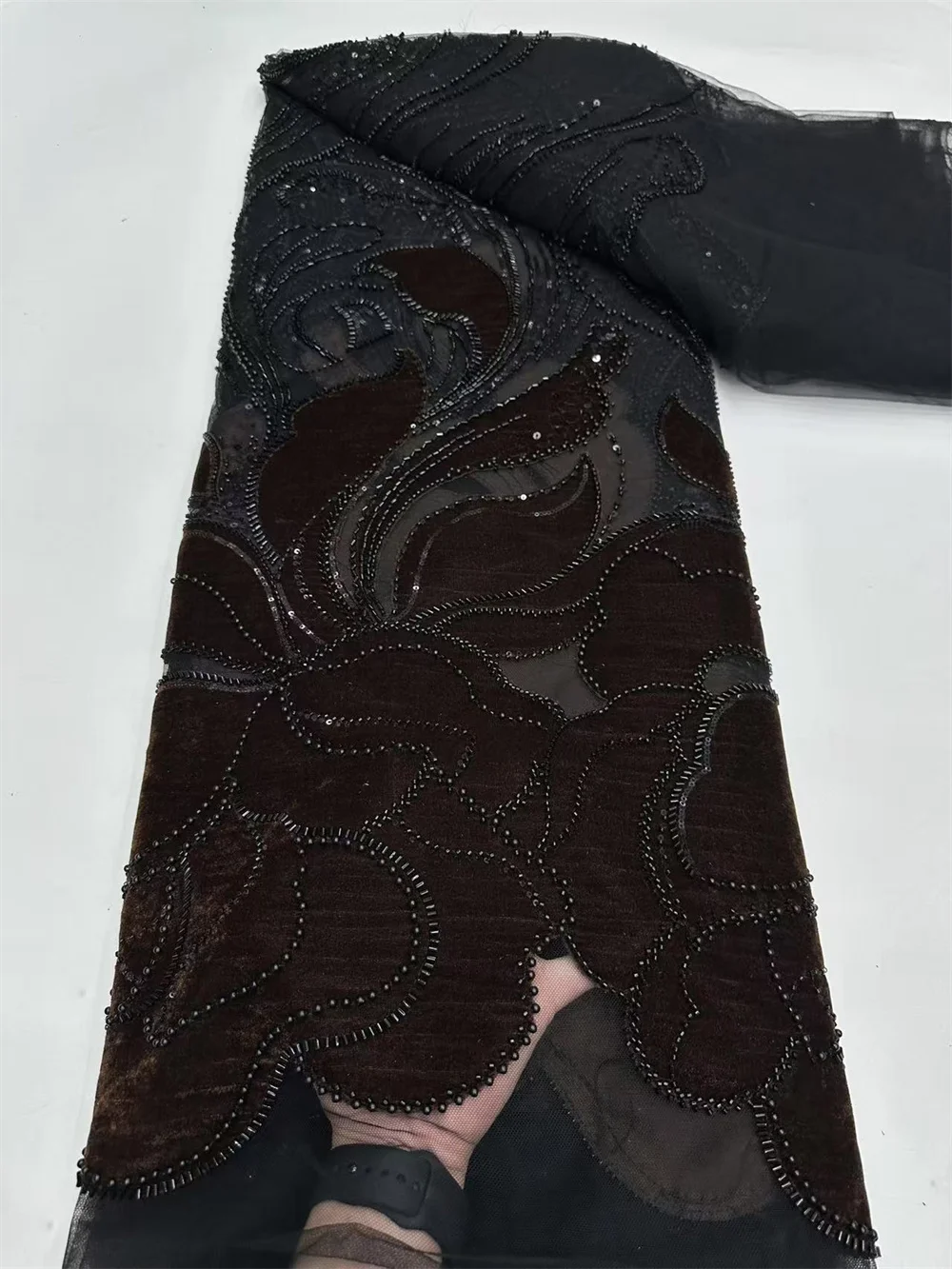 Fashion Velvet Lace Fabric 5 Yards High Quality 2025 Onion Color African Groom Lace Hand Beaded Lace Fabric For Wedding  A1223-1