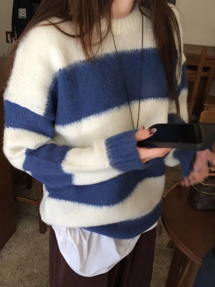 Faionable Lazy Sle Damen-Strickpullover für die Wintersaison, Farbe Blo Design Layering Sensation, einzigartige kleine Ence