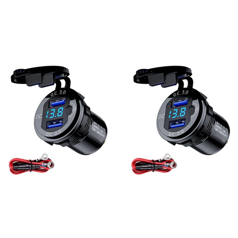 2X QC 3.0 Dual USB Car Charger Socket 12V/24V USB Charger With Contact Switch For Boat Motorcycle Truck Golf Cart Black