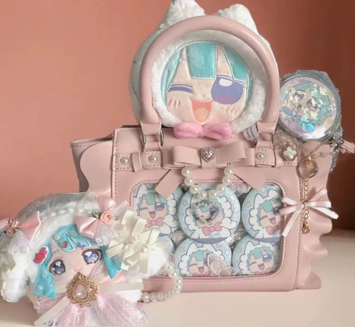 Harajuku Square Pink Ita Bag Women New Japanese Pearl Handle Messenger Bag Wallet Female Sweet Cute Crossbody Bags Aesthetic view 3