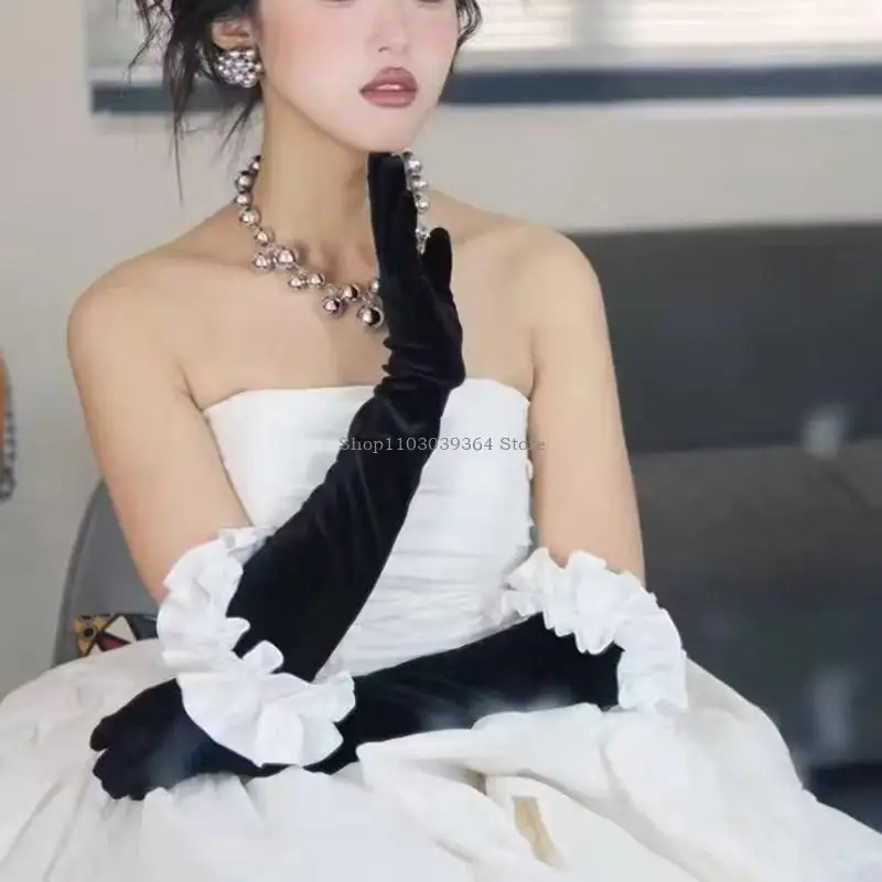 Długie rękawiczki ślubne dla Bride Ress Rękawiczki Ruffle Długie rękawiczki Ruffy dla kobiet