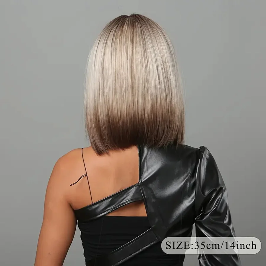 14inch Silver Grey Ombre Straight Bob Wig With Flat Bangs Synthetic Heat Resistant Natural Looking Daily Party Full Hair Wigs