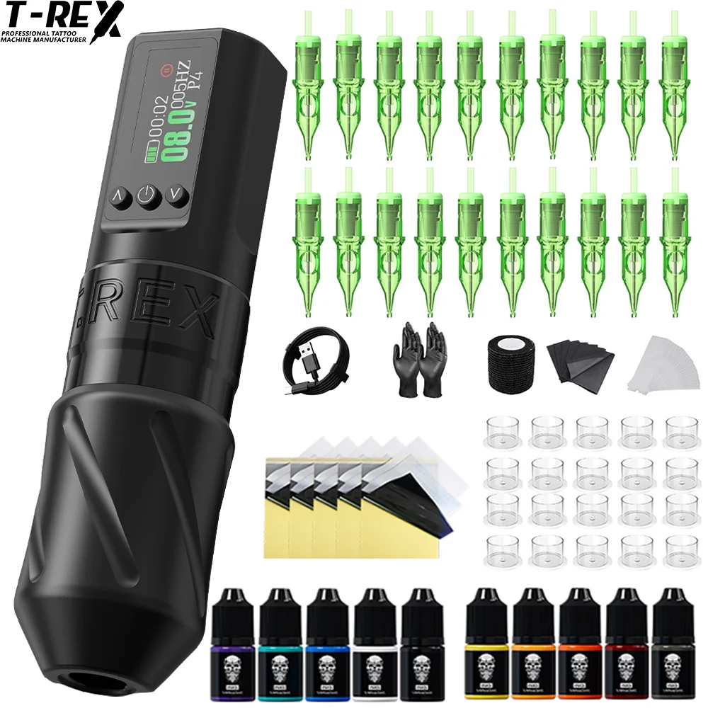 T-Rex  Wireless Tattoo Machine Kit Low Vibration 42-44dB Rotary Tattoo Pen Full Tattoo Ink Cartridge Needles Accessories Set