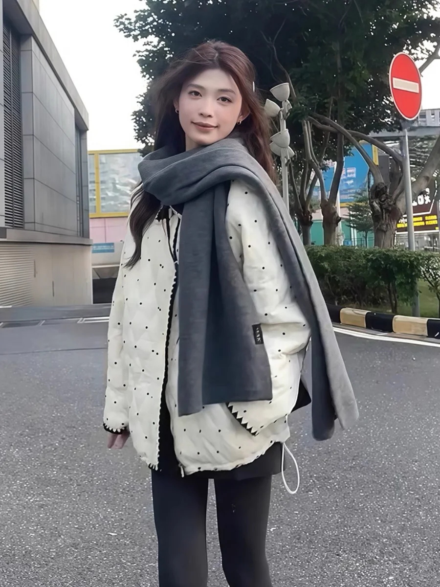 plus Size Warm Cotton Jacket Korean Style Polka Dot Color Block Diamond Pattern Autumn Winter New Unique Super Beautiful Cott...