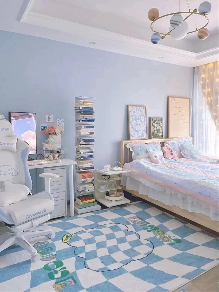 Sweet Girl Style Grid Pattern Floor Rug Cozy Dove Velvet Super Absorbent Non-Skid Small Carpet for Bedroom Living Room
