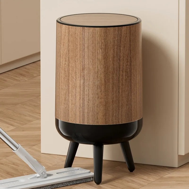 High‑Foot Garbage Bin 15L Wood Grain Round Nordic Large Capacity with‑Lid Waste Bin Living Room Kitchen Household Garbage Bucket