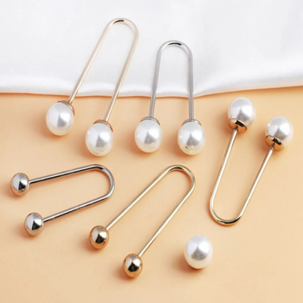 Elegant U-shaped Double Head Brooch Women Shawl Jeans Waistline Fixing Buttons Screw On Pearls Buckle Clothing Decor Accessories