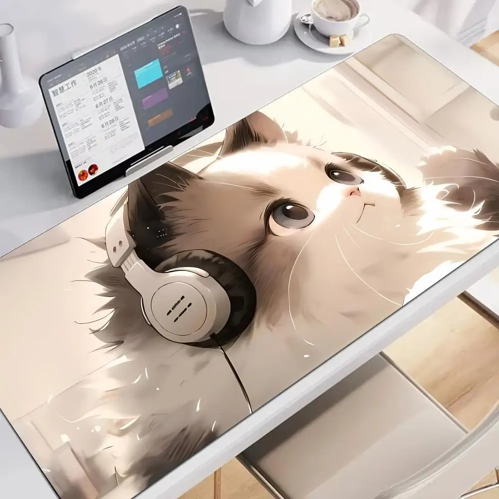 

Headphones Cat Cute Mouse Pad Extended Pads Large Gaming Non-slip Laptop Desk Accessory Aesthetic Tablet Mat Mini PC Playmat