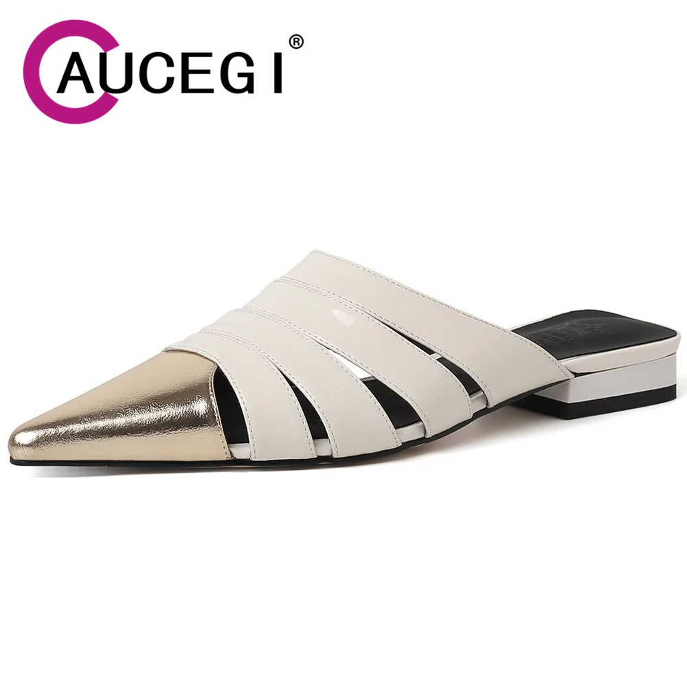 

Aucegi Elegant Mules Flat Heels Pointed Toe Mixed Color Gladiator Sandals Slippers Genuine Leather Slip On Ladies Dress Shoes