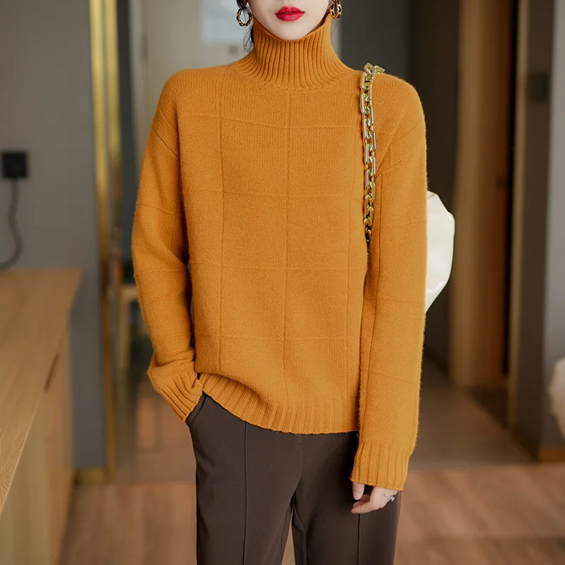 

Autumn Winter Models Simple Solid Color Checkered Turtleneck Pullover Loose Casual 100% Pure Wool Knitted Sweater Top