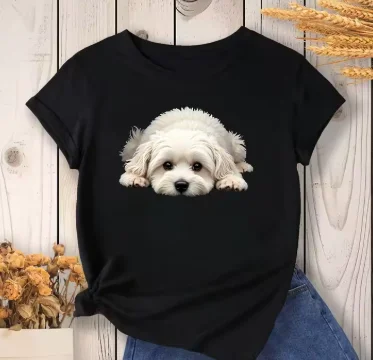 Women's Casual Sleeve Crew Neck T-Shirt Cute Maltese Dog Print Vibrant Green Medium Stretch Women's Harajuku Sleeve Casual