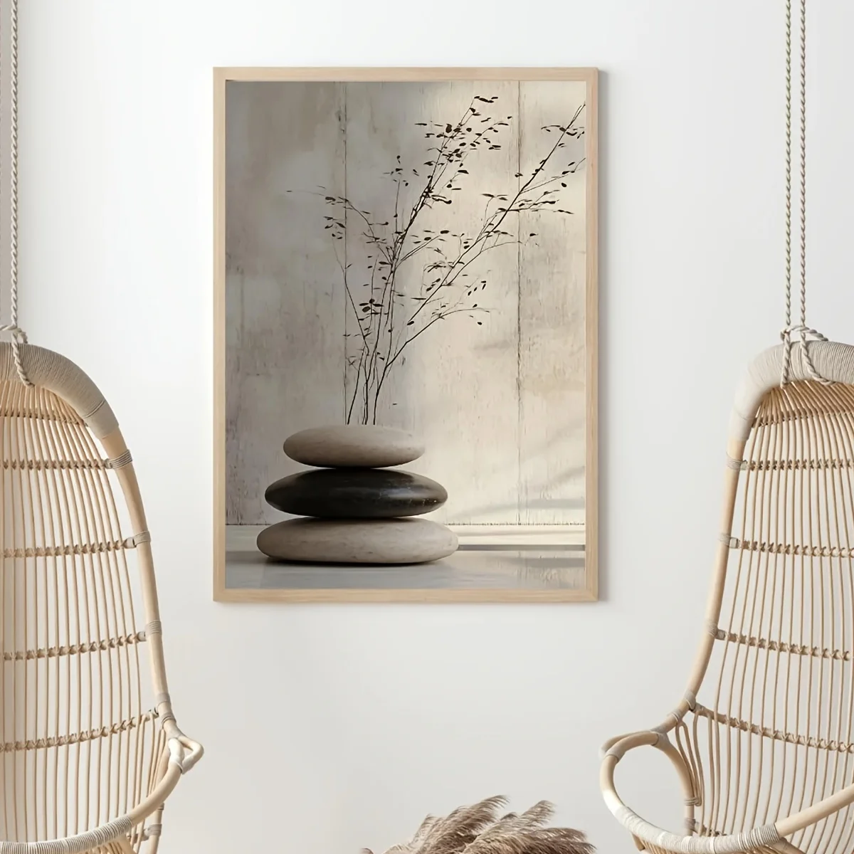 

1pc Minimalist Zen Stones Canvas Art Print – Tranquil Modern Wall Decor with Natural Rustic Texture, Black Ink Drawing Style