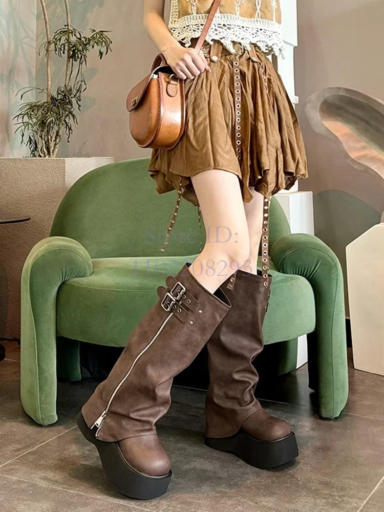 

Сапоги до колена на платформе с пряжкой ремня, женские летние сапоги до колена с круглым носком, толстая подошва, боковая молния, 2024, джинсы в стиле вестерн, уличный стиль