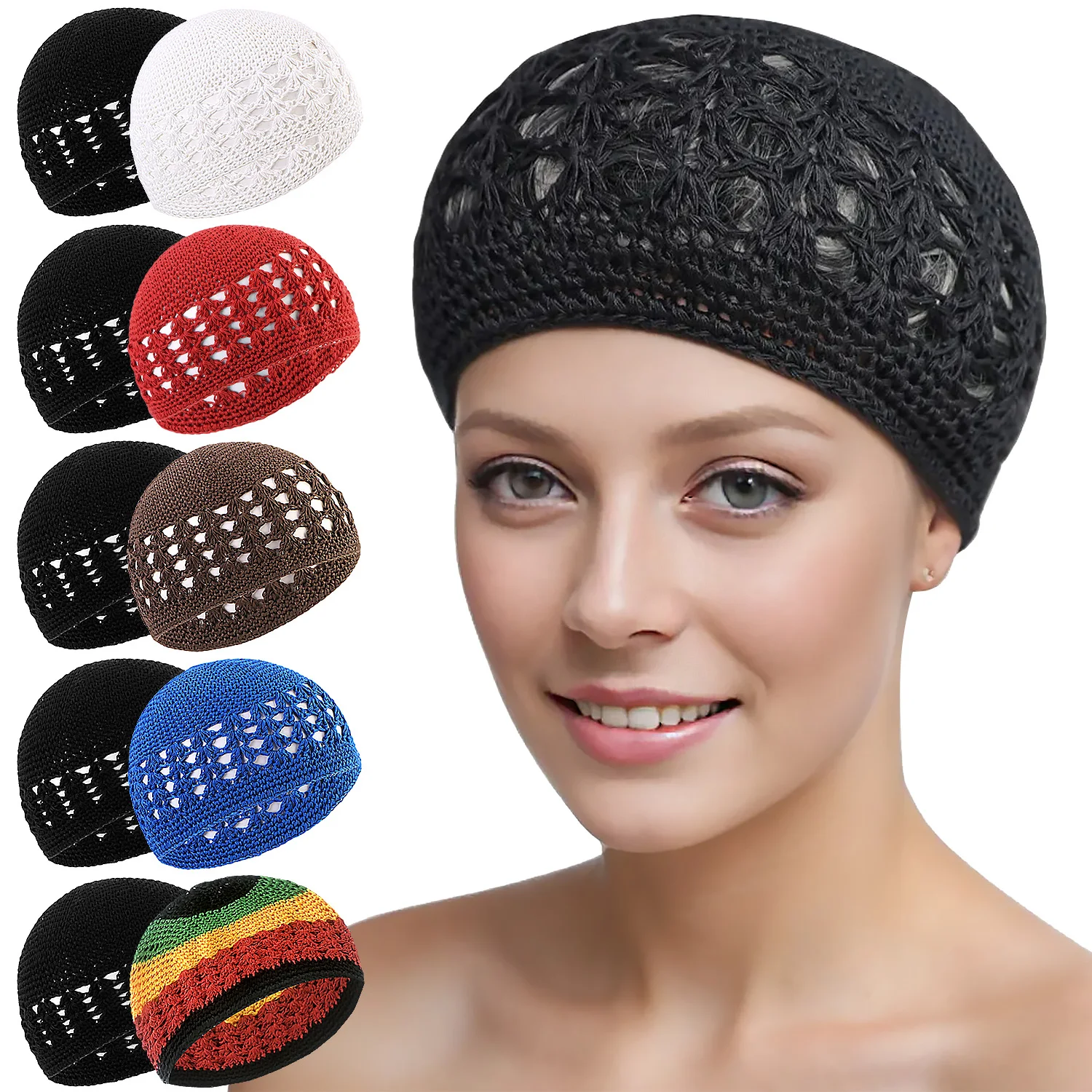 2PCS Casual Knitted Kufi Cap 2024 New Women Men Prayer Hats Islamic Beanies Cap Crochet Muslim Caps Bonnet  Set