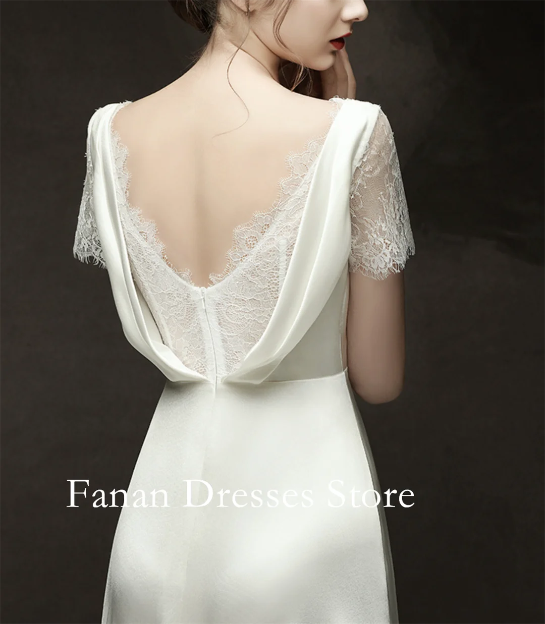 Suknie ślubne FANAN Korea z dekoltem w serek, trenem, krótkimi rękawami, proste, jedwabna satyna, odkryte plecy, koronkowe, 웨딩드레스, kolor ivory, na zamówienie