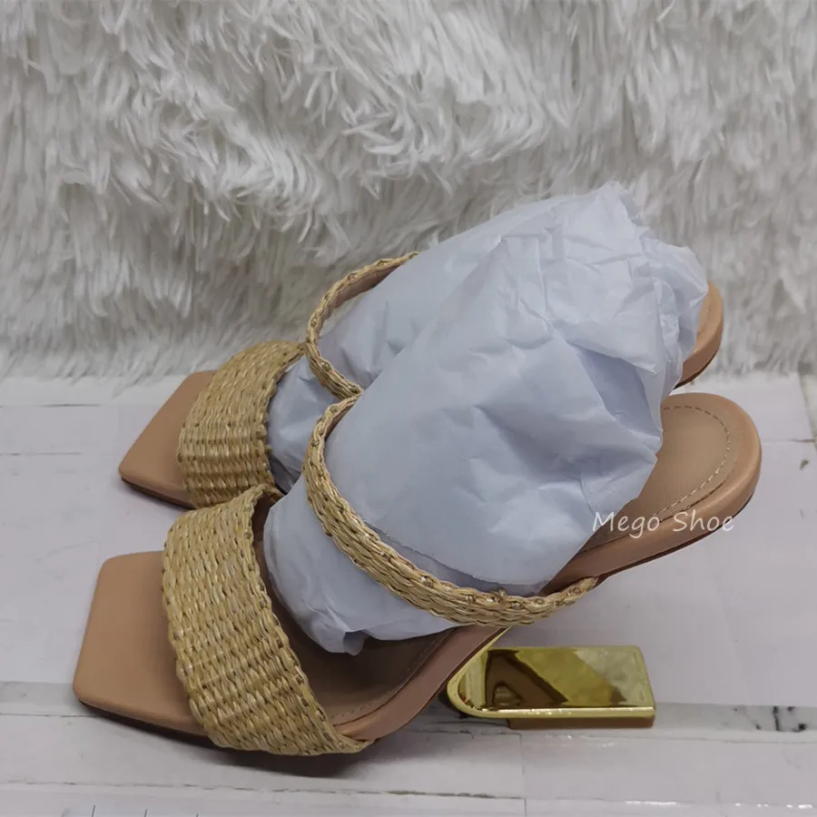 Zลote sandaลy na wysokim obcasie dla kobiet New Square Open Toe One Line Shaped Heels Slip On Slippers Banquet Dress Shoes Brand Design