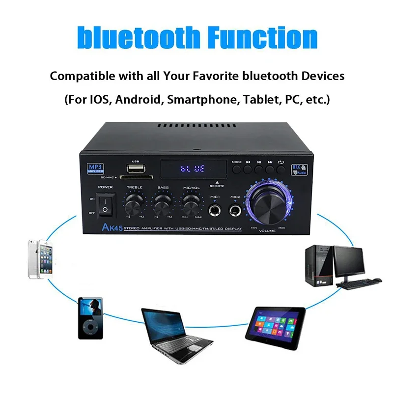 AK45 800W Home Power Amplifier 2 Channel Bluetooth 5.0 Mini Hifi Digital Stereo Sound Amplifier Support FM USB SD Mic input