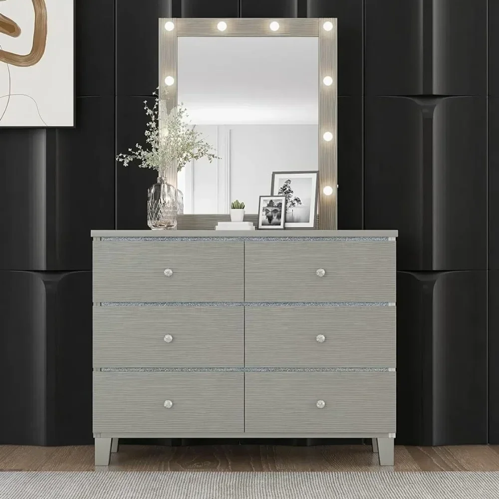 

Dresser, Bedroom Wooden Dresser with 6 Drawers Modern Wide Storage Compartment with Round Crystal Handle Dressing Table