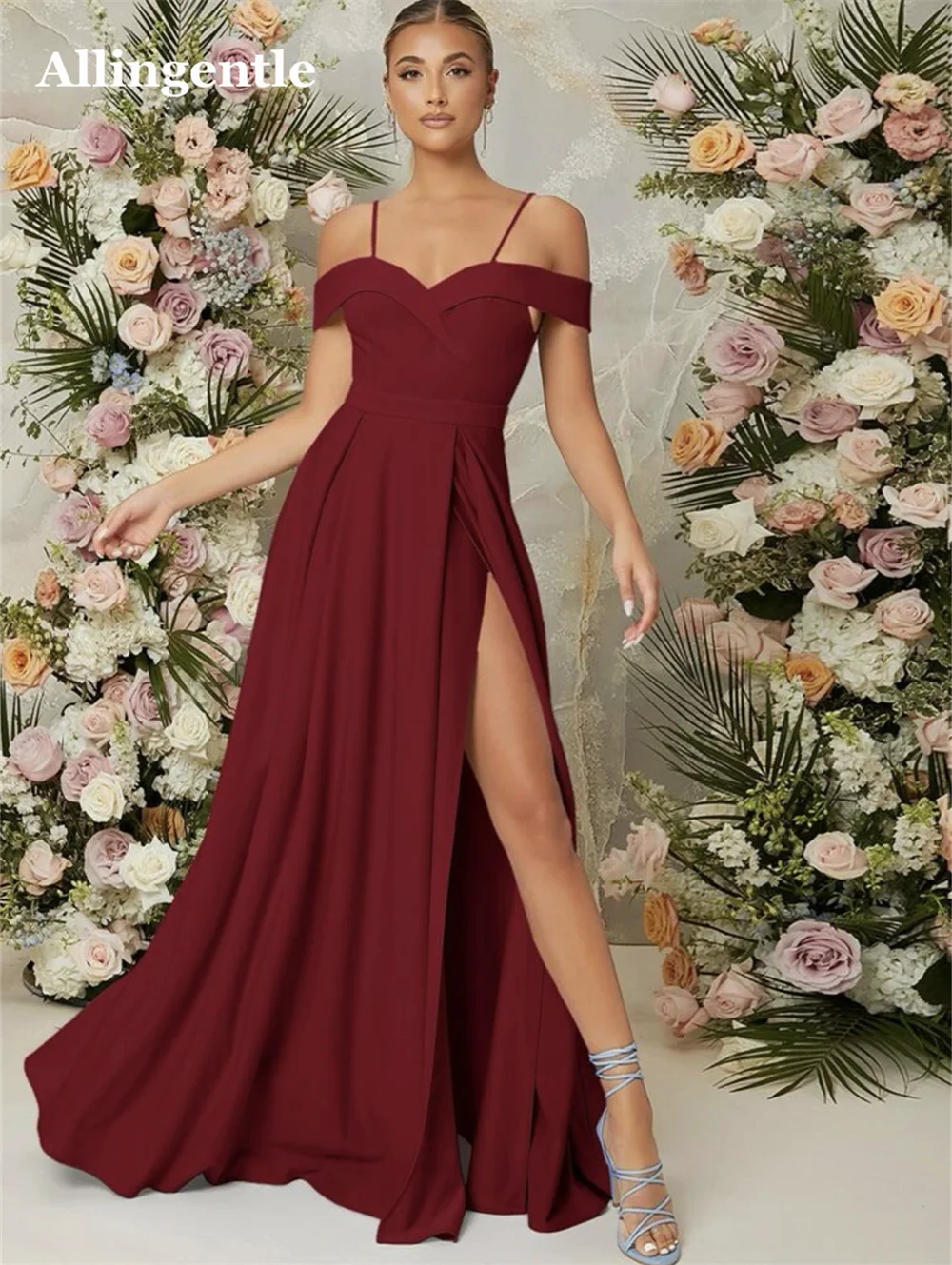 Allingentle Off Shoulder Burnt Orange Evening Dress 2025 Spaghetti-Straps Elegant A-Line Satin Floor Length плаття на випускний