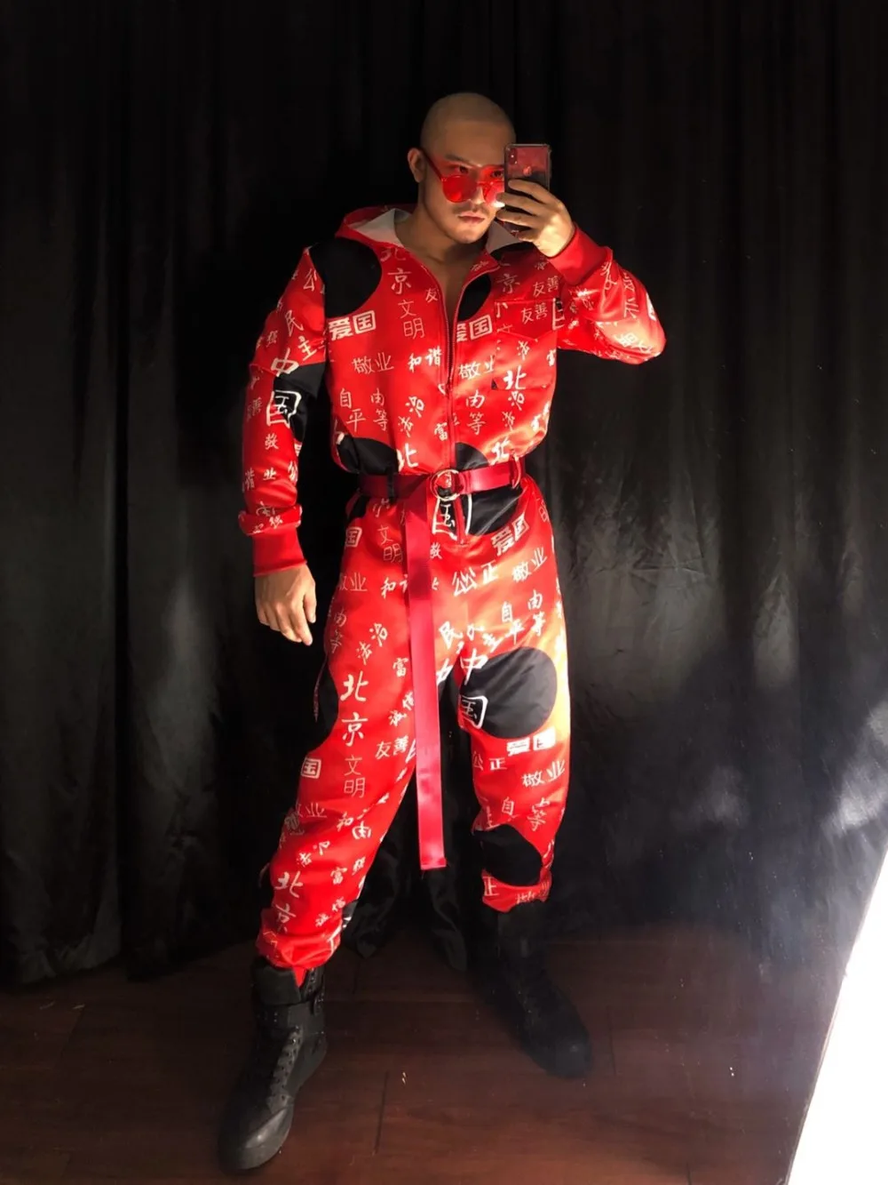 Man Red Printed Jumpsuit Nightclub DJ Singer Hip Hop Rock Dance Outfit Stage Wear Bar Club Party Costume Singer Outfit