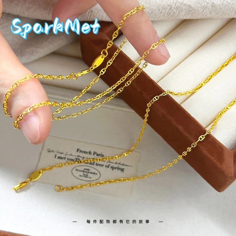 

Sparkmet Women's Light Luxury Niche Design Vitnage Pig Nose Necklace 9999 24K Real Gold Fashion Collarbone Chain