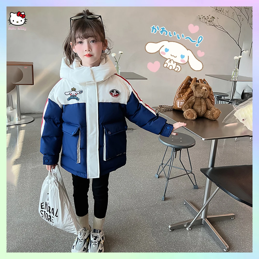 

Sanrioed Anime Hellokitty Cinnamoroll Girls Winter Clothes Down Jacket Hooded Embroidery Kids Coat Big Pocket Thick Outerwear