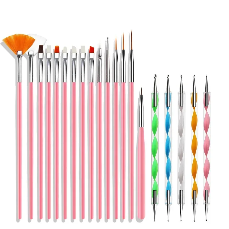 20 pezzi pennello per nail art disegno smalto pennelli per fodera sottile penna per pittura pennello per punteggiatura per unghie set di strumenti per manicure con strass durevoli