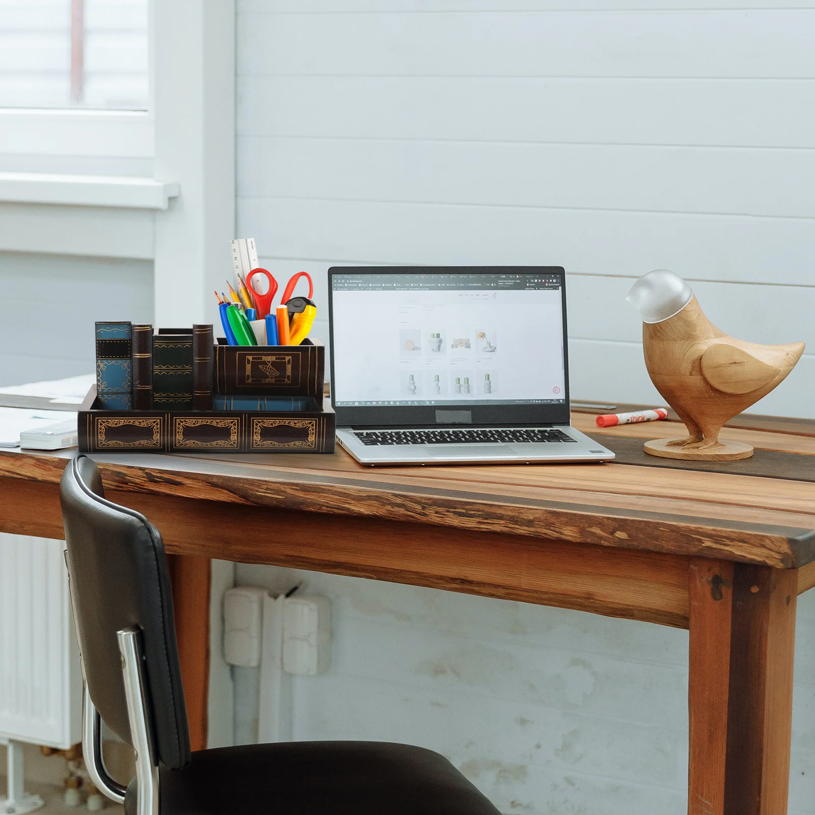 

Desktop Pen Holder with Drawer Compartment Remote Storage Book Shaped Container for School Office Study Room Stationery Supplies