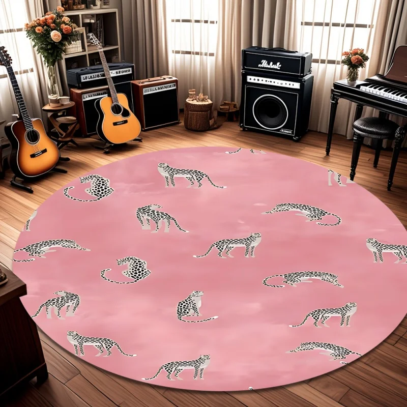 Cute Pink Background Leopard Cheetah Print Round Rug Non Slip Animal Floor Mat Wild Cat Pattern Carpet for Bedroom