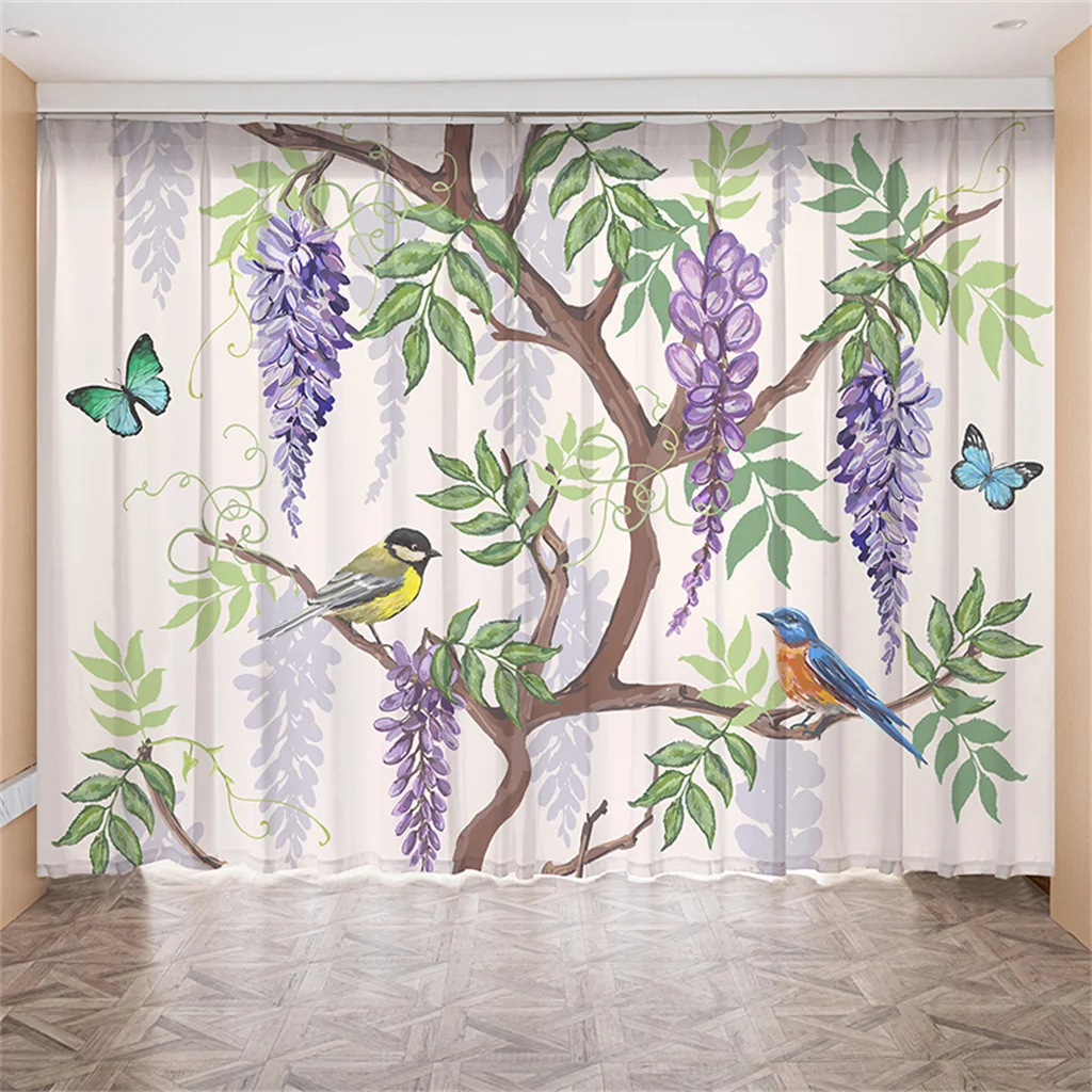 Nordic ins purple hand-painted wisteria flowers plant bedroom living room balcony window screen 3D digital printed tulle curtain