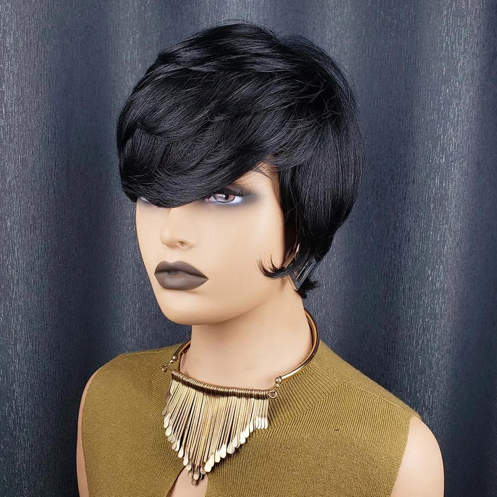 Short Human Hair Wigs for Black Women Shore Pixie Cut Wig with Bangs Remy Human Hair Machine Made Wigs for Daily Use