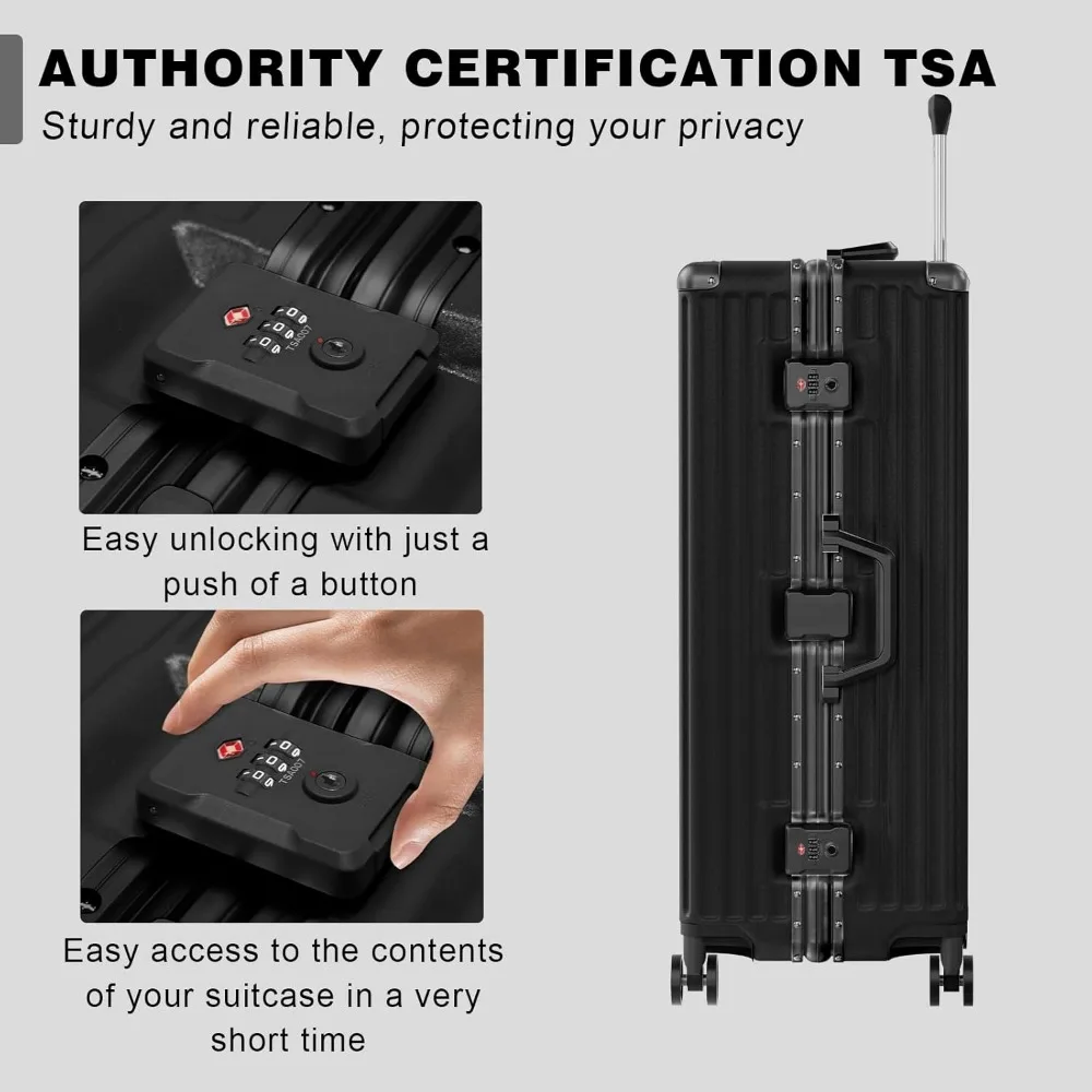 Aluminum Frame Carry-On & Checked Suitcase Set - PC ABS Hard Shell TSA Lock No Zipper, Black, 20/28 Inch Luggage