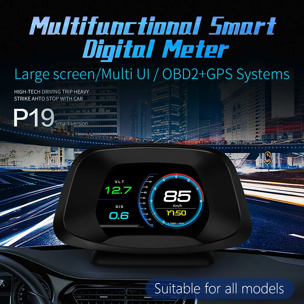 

P19 HUD OBD2 + GPS-дисплей, двойная система, интеллектуальный цифровой спидометр с оповещениями превышения скорости и усталости, компасом, высотой