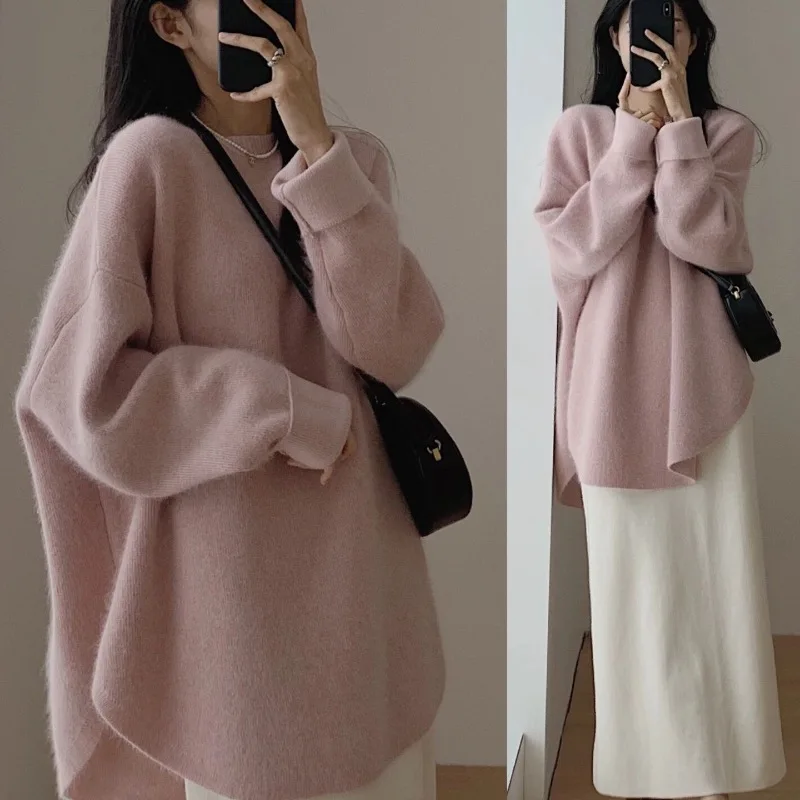 

Loose Oversized Knit Sweater Women's Mid-Length Thiened Casual Sle Vintage Knitted irt for Autumn Winter Outerwear