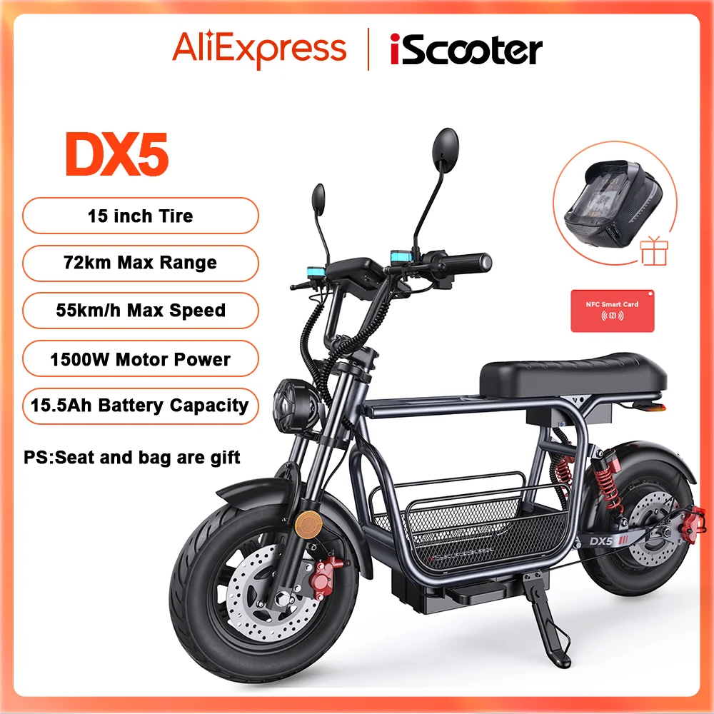 Trottinette électrique iScooter DX5 1500W 15.6Ah pour adultes, autonomie 72 km, trottinette 15'' avec NFC, vitesse 55 km/h