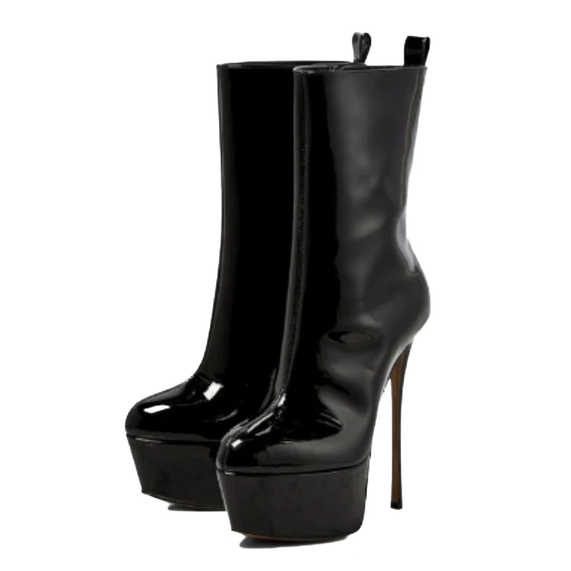 

DIZHUANG Sexy women's high heels boots. Black leather boots. About 15cm heel height. Ankle boots. Fashion show banquet shoes.