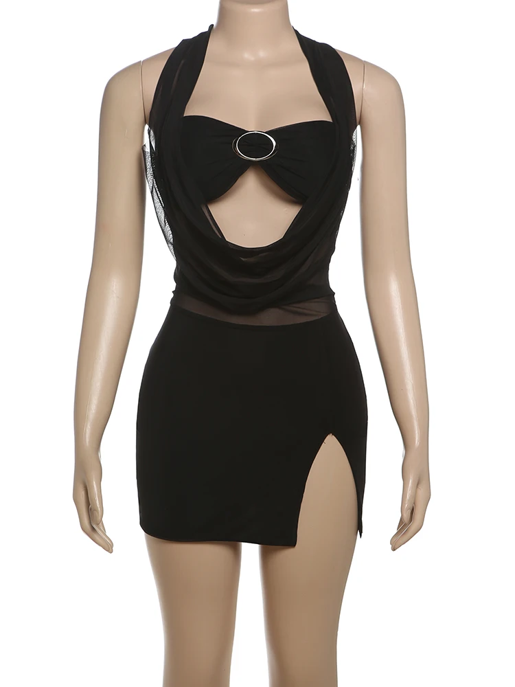 기묘한 Puss 메쉬 패치워크 원피스 여성용, 섹시하고 시크한 랩 가슴 버클 홀터, 할로우 백리스 민소매 스윙 칼라, 미니 바디콘