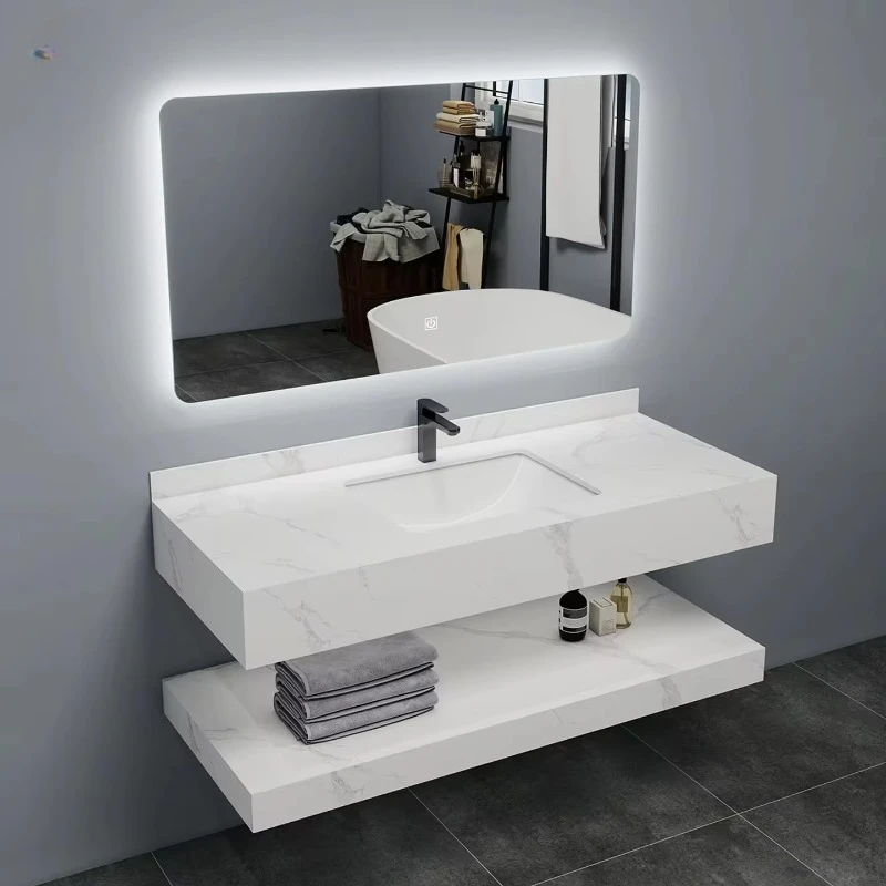 Modern double rock smart vanity bathroom cabinet wall-mounted with upper and lower wash basins