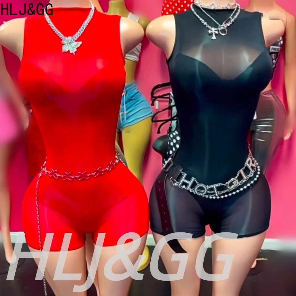 

HLJ&GG Sexy Mesh See Though Bodycon Jumpsuits Two Piece Sets Women Round Neck Sleeveless Slim Playsuits Fashion Stretchy Overall