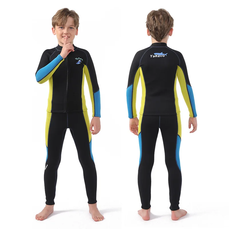 2 pçs/set wetsuit, 2.5mm neoprene crianças terno molhado camisa de manga longa e calças jaqueta/leggings com zíper frontal para esportes aquáticos natação