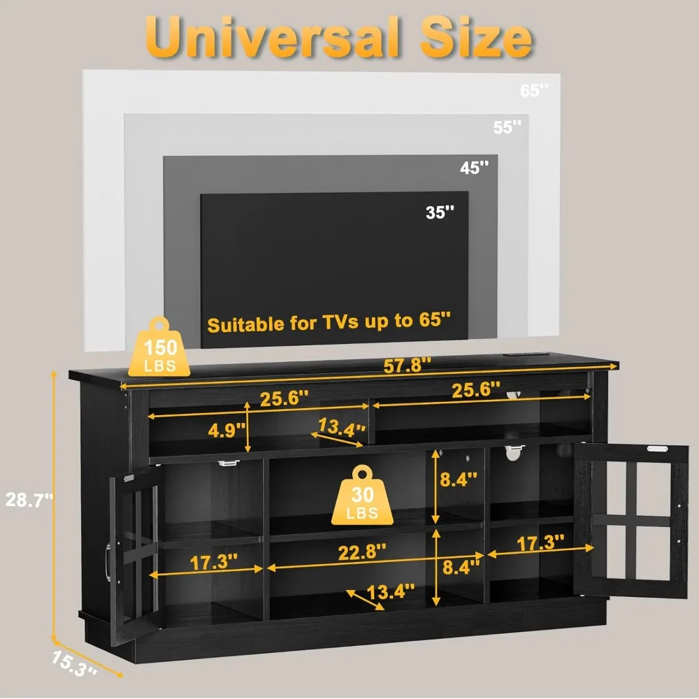 Suporte de TV para TV de 65 polegadas com tomada de energia e luz LED, armário de TV moderno de meados do século de 28,7 polegadas de altura com prateleiras ajustáveis e