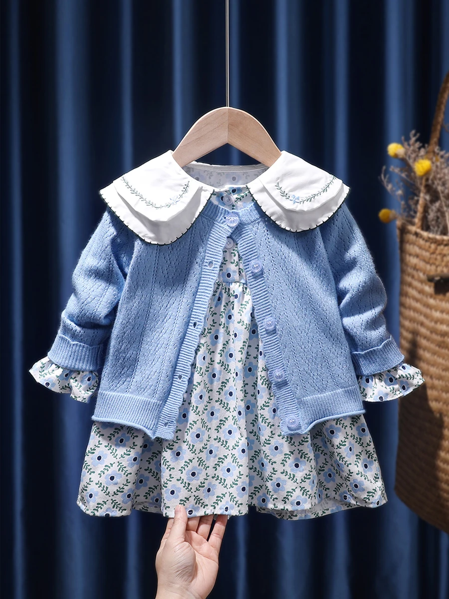 

Girls' Korean Two Piece Set Dress Autumn New Knitted Sweater Cardigan Fragmented Flower Dress Children's Rural Style