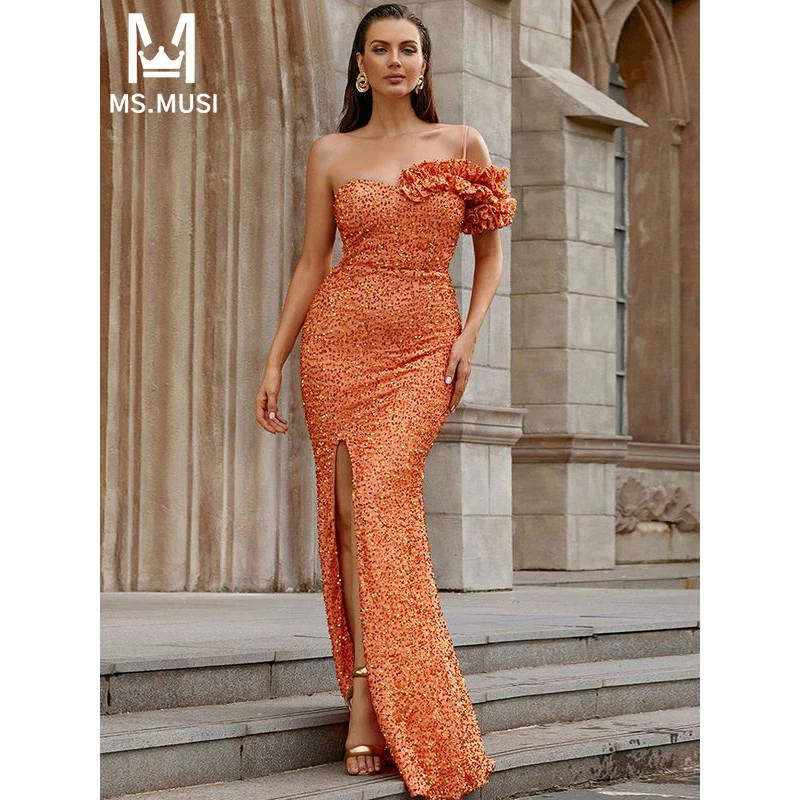 

MSMUSI 2024 New Fashion Women Sexy One Shoulder Strap Sequins Draped Fold Sleeveless Bodycon Party Club Event Slit Maxi Dress