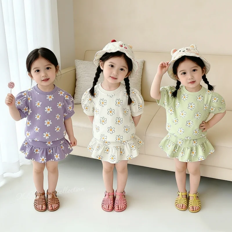 

2026Summer clothes for girls, baby short-sleeved top and short skirt two-piece set, infant and toddler clothing
