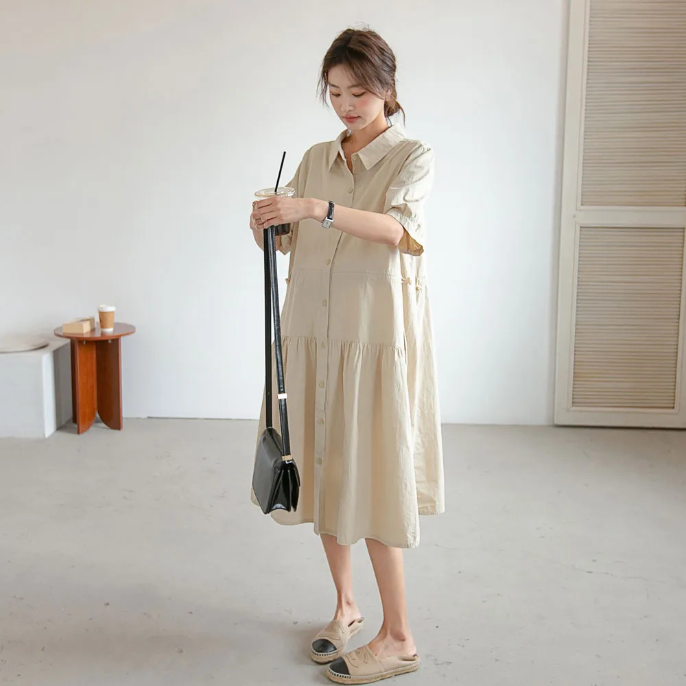 Maternity Dress Short Sleeves Summer 2024 T-shirt Loose-fit Waist Drawstring Pregnancy Dress With Pocket Summer Wear