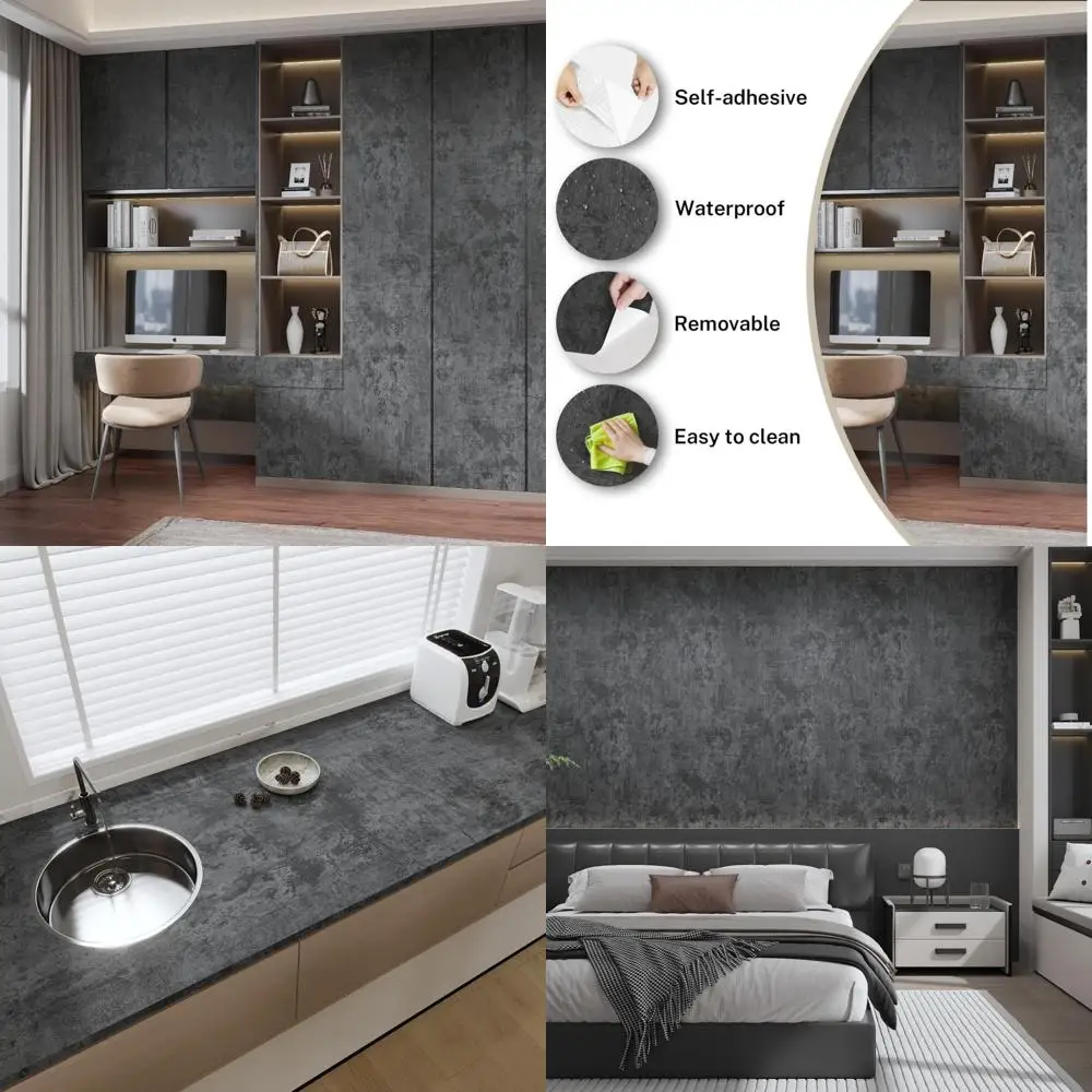 ورق اتصال غير لامع مقاوم للماء بتأثير ثلاثي الأبعاد من الخرسانة الرمادية قابل للإزالة للجدران والأسطح، قابل للتقشير واللصق سهل التركيب