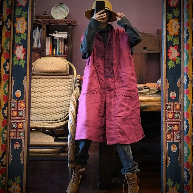 

Women Cotton Linen Long Vest Coats New Arrival 2025 Autumn Vintage Style V-neck Big Pockets Loose Female Casual Jackets M1957